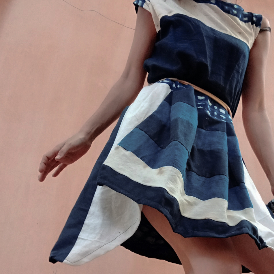 Patterned dress made from upcycled materials 